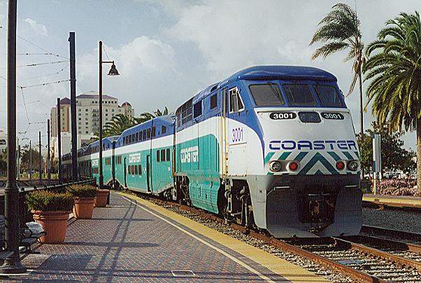 Coaster F59PHI 3001 pushing it s train out of the San Diego CA